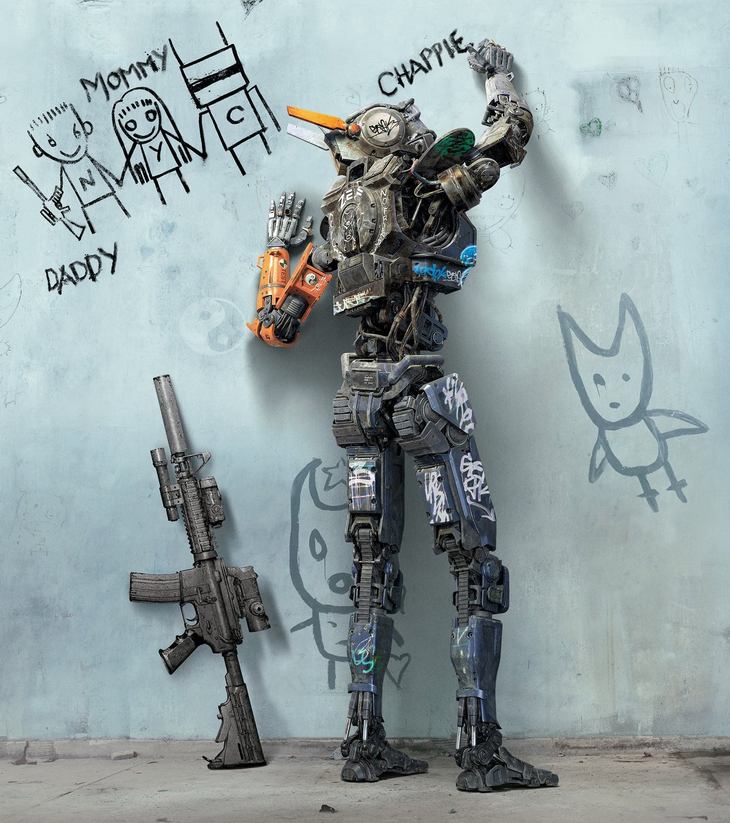 Mechanical robot figure with weapons against a textured wall with drawings